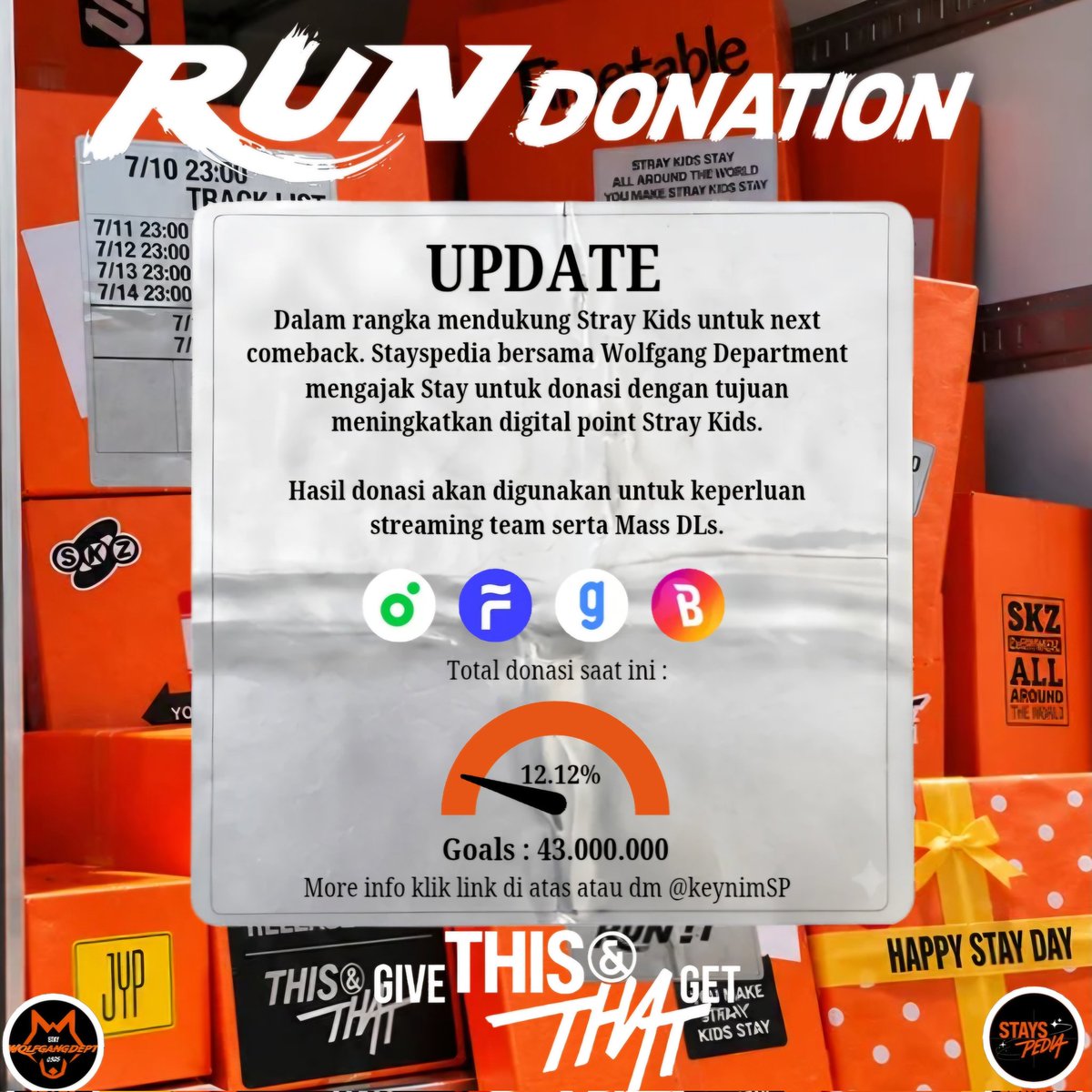 stayspedia_id's tweet photo. 🏁DAILY UPDATE  RUNDONATION 🏁

Sabtu, 11 Juli 2026
🔗:  https://t.co/gNOaksmLmO
🎯 12.12% dari target

📌 Donasi terus dibuka hingga comeback  #THIS_AND_THAT selesai
📌 Tidak ada batas minimum 
Terima kasih untuk STAY yg sudah berdonasi &amp; membantu LIKE, RT &amp; QRT❤

@wolfgangdept https://t.co/P2x8cURP0V