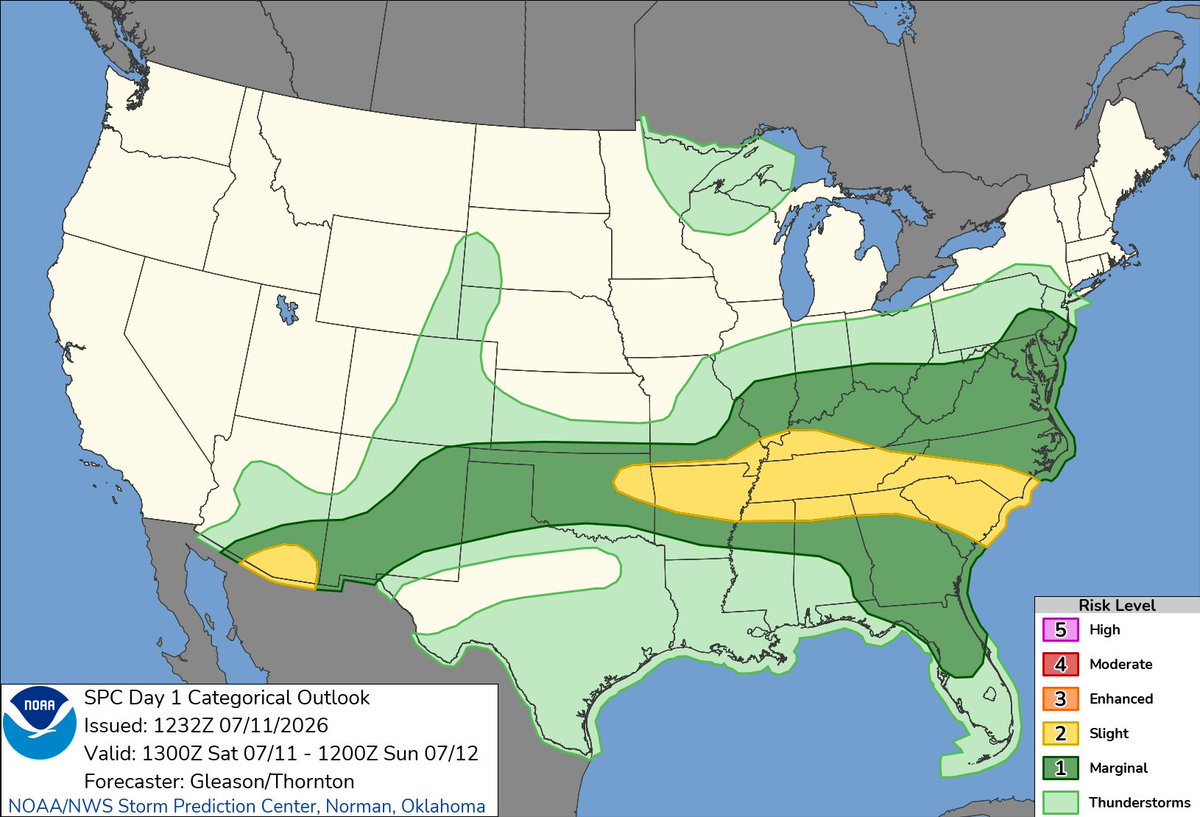 7:34am CDT #SPC Day1 Outlook Slight Risk: from parts of eastern