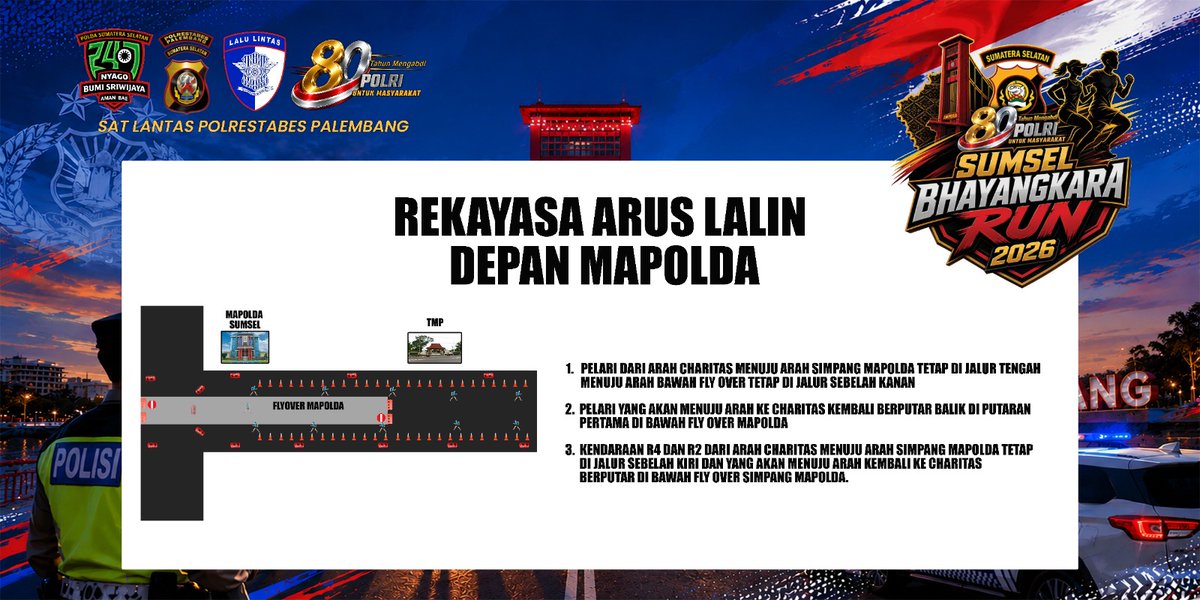 Polres_ME's tweet photo. Dulur presisi Silahkan diperhatikan untuk Rekayasa Arus lalu lintas selama berjalan nya acara Sumsel Bhayangkara Run hari minggu Tanggal 12 Juli 2026.

#polriuntukmasyarakat #poldasumsel #humaspolri #kapoldasumsel
 @shandinugroho95  @divisihumaspolri  @polisi_indonesia https://t.co/ZS9TR2ccCJ