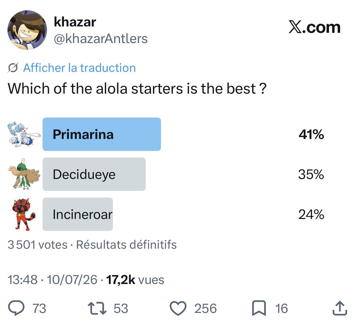 khazarAntlers's tweet photo. Imagine showing this to the pokemon community from 2016 (the time when the popplio line was the most hated) https://t.co/emMHaoNiJU