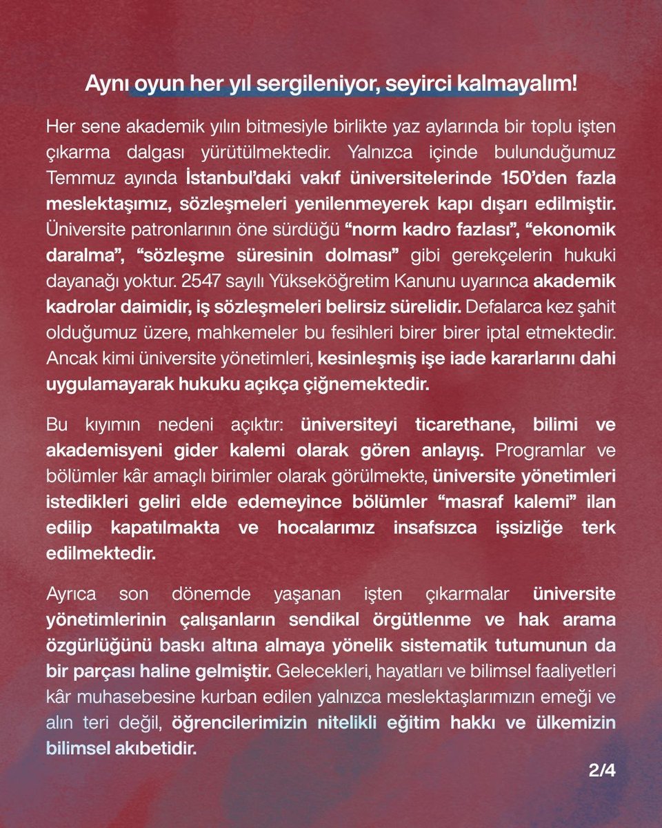 UNVDER's tweet photo. Vakıf üniversitelerinde yaşanan akademik kıyıma dur diyoruz.

Son 2,5 yılda basına yansıyan verilere göre en az 446 akademisyen işten atıldı. 

Keyfi ve hukuksuz fesihler durdurulmalı, işten atılan tüm akademisyenler görevlerine iade edilmelidir. https://t.co/DtzEPRIofg