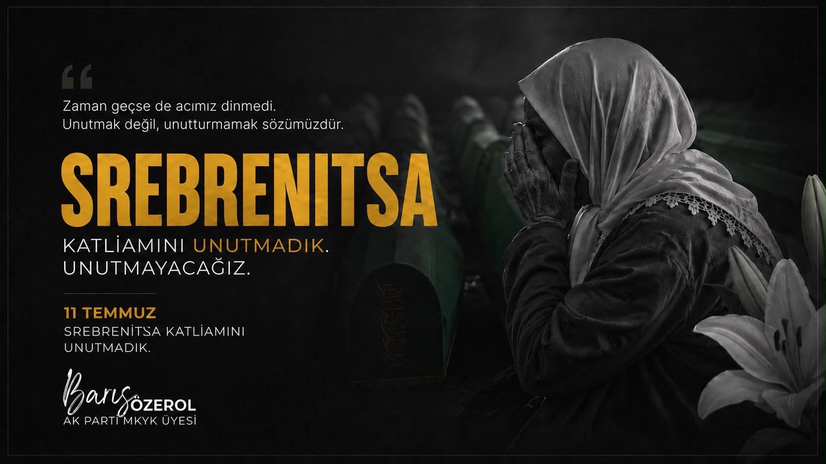 BarisOzerol's tweet photo. 11 Temmuz 1995’te Srebrenitsa’da yaşanan soykırım, insanlık vicdanında silinmeyecek bir yara olarak yaşamaya devam ediyor. 

Hayatını kaybeden masum Boşnak kardeşlerimizi rahmetle anıyor, bu büyük trajedinin unutulmamasını diliyoruz. Unutmadık, unutturmayacağız. https://t.co/IzWBvhBeoa