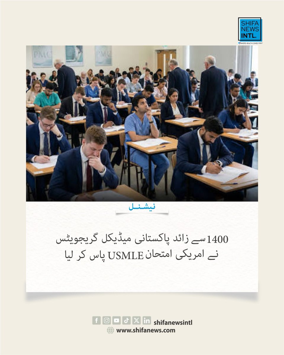 ShifaNewsintl's tweet photo. پی ایم ڈی سی کے مطابق رواں سال 1,400 سے زائد پاکستانی میڈیکل گریجویٹس نے امریکی USMLE امتحان پاس کیا، جسے طبی تعلیم میں اصلاحات اور بہتر کلینیکل تربیت کا مثبت نتیجہ قرار دیا گیا۔

#USMLE #PMDC #MedicalEducation #PakistaniDoctors #Healthcare #MedicalStudents https://t.co/CQ8p3ODkSi