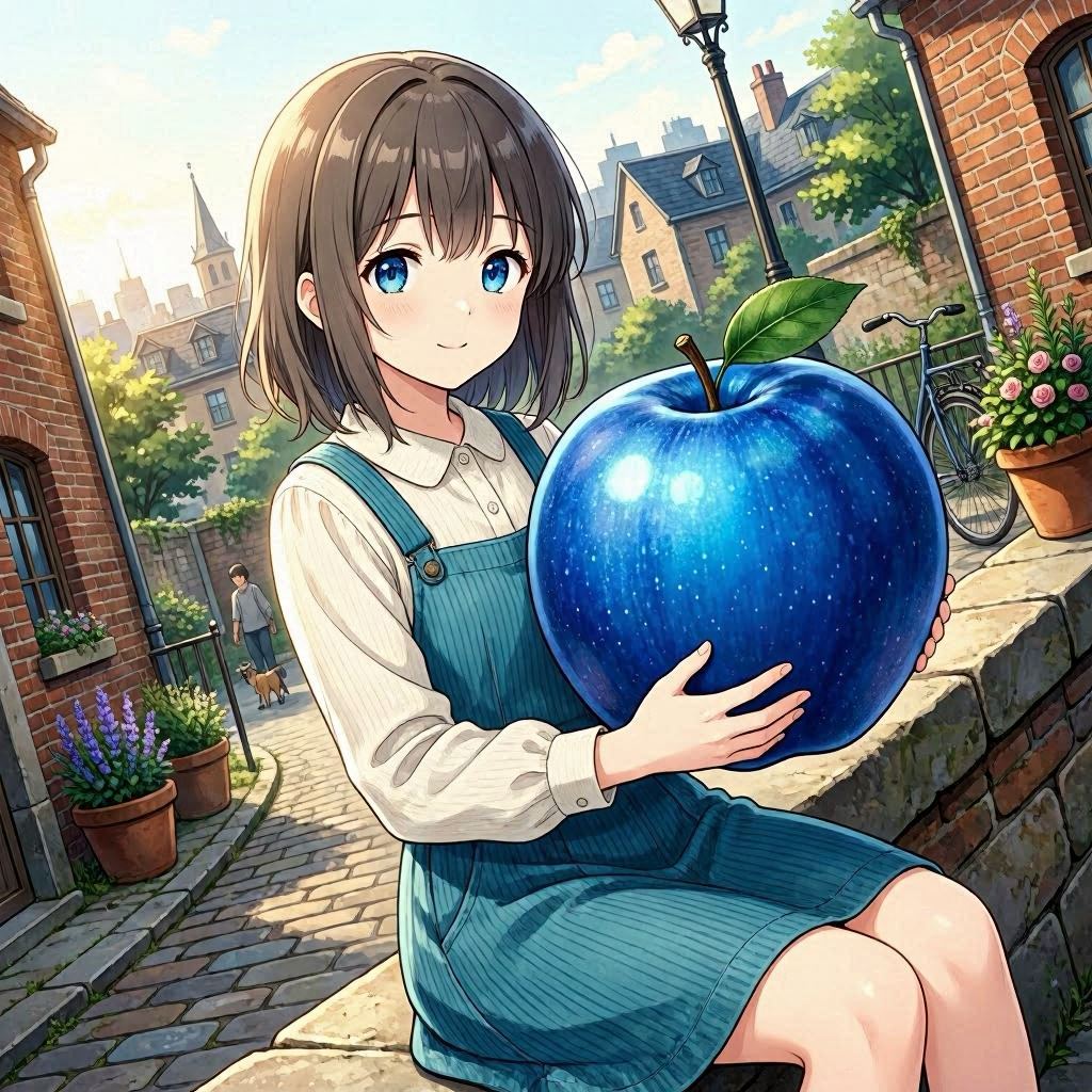 Anime Girl Holding a Blue Apple