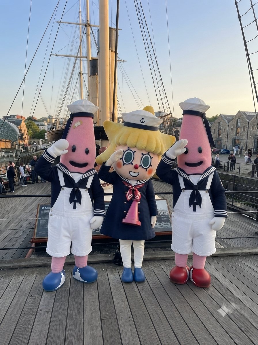 224WKO's tweet photo. ゆるキャラ達を、イギリス🇬🇧のSSグレート・ブリテン号で敬礼🫡をしてるAI画像を作ってみたぞ!　#ノッポンブラザーズ　#ラプくん　#雪上のわ　#らびっこ https://t.co/asZKECX0xS