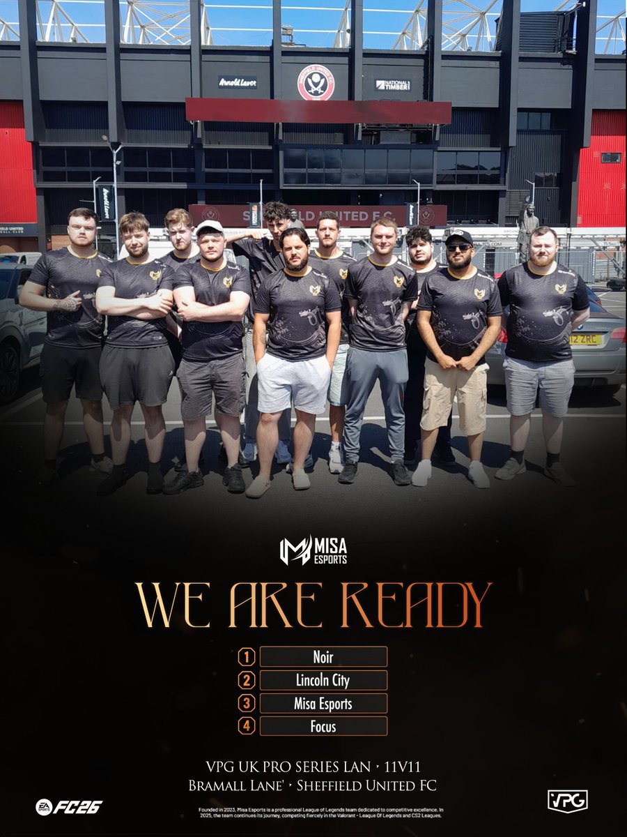 misaesports's tweet photo. The VPG UK Series LAN Group Stage begins! 🇬🇧

Our 11v11 team is ready to take the stage at Sheffield United’s stadium in England.

Our opening match kicks off at 15:40 Türkiye time. Best of luck to our team! 🔥 https://t.co/0oRbg38mlZ