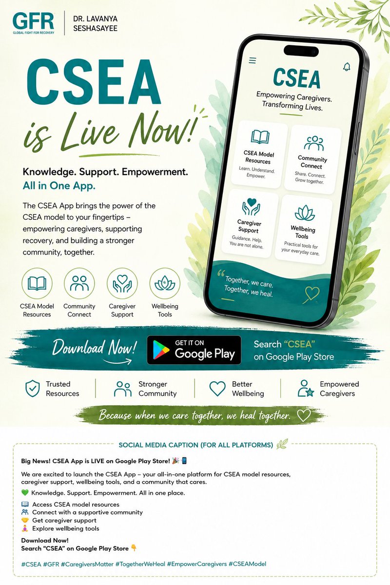 lavanyabs's tweet photo. 🎉 The CSEA App is now LIVE on the Google Play Store!

Built on the CSEA Model to make knowledge, guidance, and compassionate support more accessible. Download it today and join us in creating meaningful impact.

#CSEA #DrLavanyaSeshasayee #GlobalFightForRecovery #GFR https://t.co/74AUROMz9y