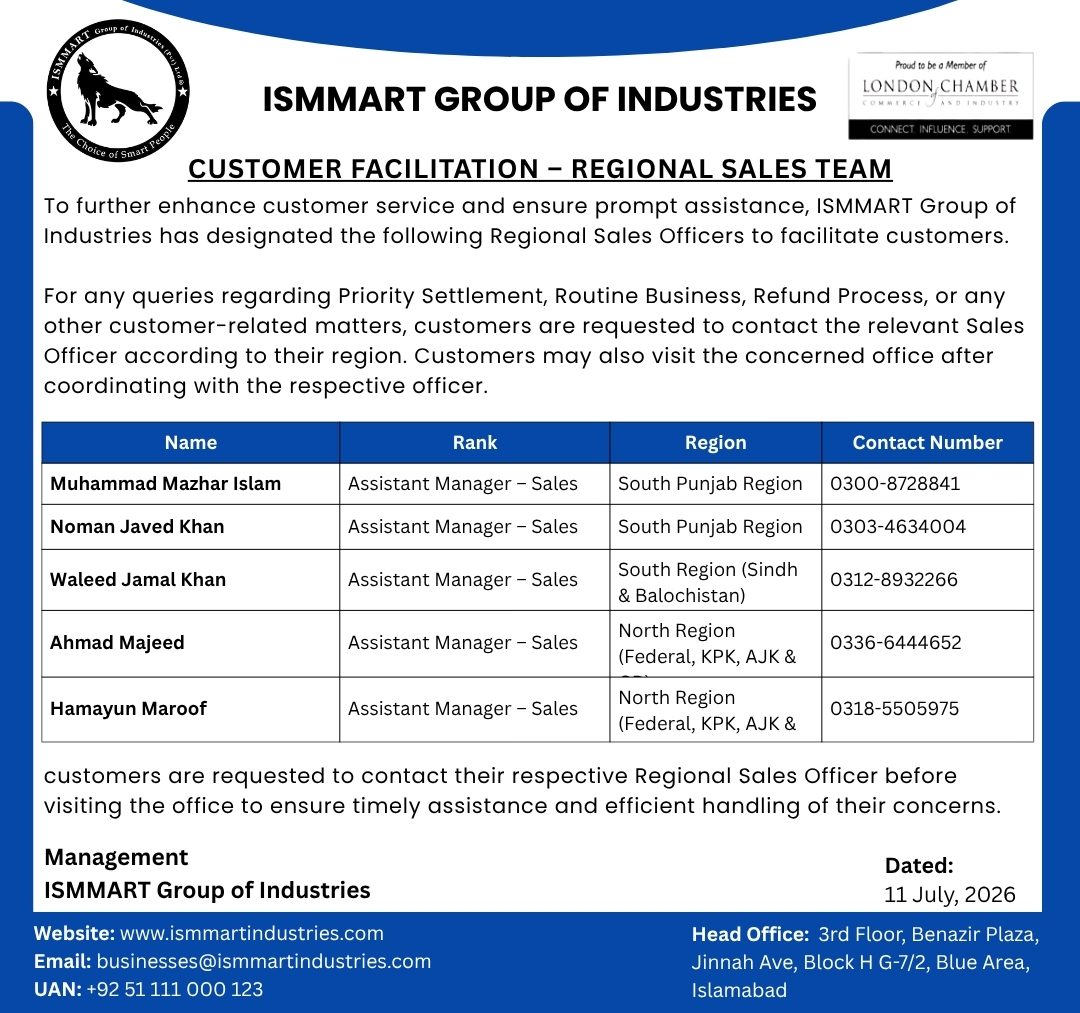 ismmartgroup's tweet photo. 📢 اہم اطلاع | آئی ایس ایم مارٹ گروپ آف انڈسٹریز

#ISMMARTGroup #CustomerSupport #CustomerFacilitation #SalesTeam #PrioritySettlement #RoutineBusiness #Refund #Pakistan https://t.co/PCAJcKPxG3