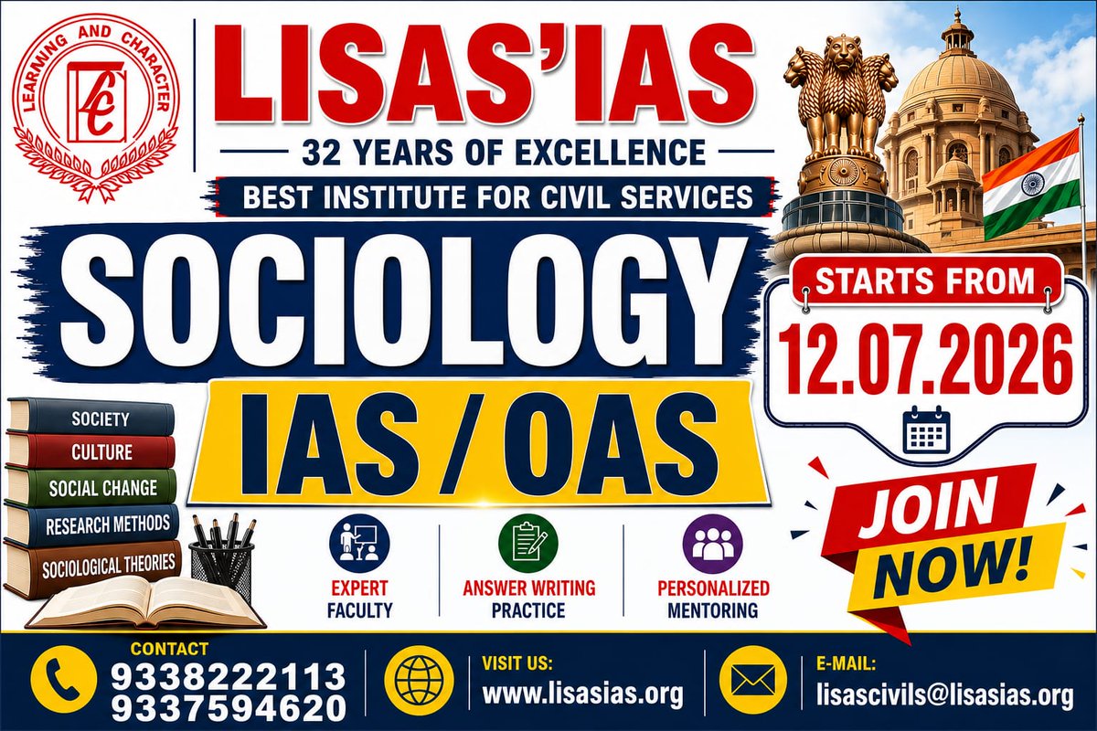 lisascivils's tweet photo. JOIN IMMEDIATELY
SOCIOLOGY (IAS / OAS) Batch Starts from 12.07.2026
#lisasias https://t.co/49a5dX5O55