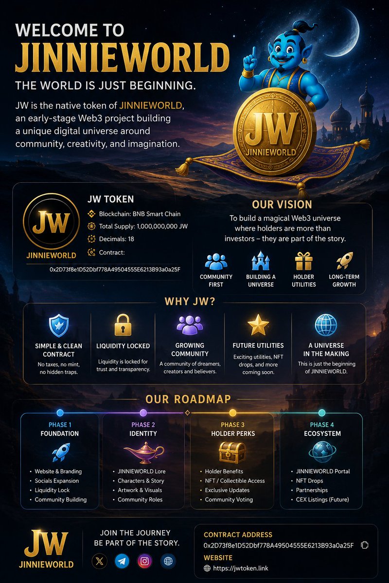 TokenJW's tweet photo. We're building something different.
JW is the native token of JINNIEWORLD — an early-stage Web3 universe where the token is only the beginning.
We're here to build a brand. A community. And an ecosystem that lasts.
Welcome to JINNIEWORLD.
🌐 https://t.co/TKO4Bujdo9⁠� https://t.co/sxtHWOSbOe