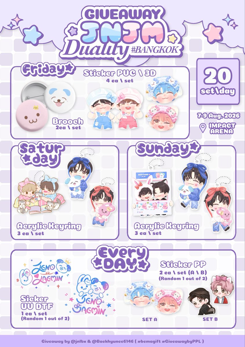 jnlbx's tweet photo. 丶˚. pls kindly rt ♡

ෆ⃛ giveaway ෆ⃛
𝐉𝐍𝐉𝐌, 𝐃𝐮𝐚𝐥𝐢𝐭𝐲 ✮✮ # 𝐵𝐴𝑁𝐺𝐾𝑂𝐾

✧ 20 set / day

show this tweet and proof for streaming or voting for JNJM

IMPACT ARENA
7 8 9 Aug. 2026

#NCTJNJM_FANMEETING_TOUR #NCTJNJM_FANMEETING_TOUR_DUALITY https://t.co/mXzaPjj6sv