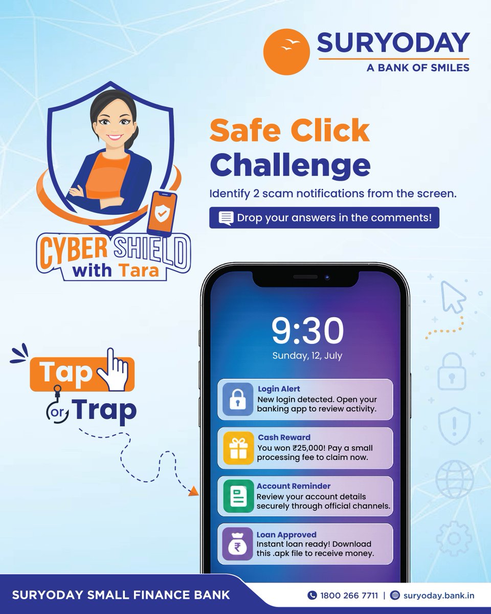 SuryodayBank's tweet photo. Today's decision can shape tomorrow's address.
Swipe to discover the benefits of choosing homeownership.

🔹Join Suryoday Bank's 2-day Contest- Cyber Shield with Tara
🔹Use #cybershieldwithtara #bankofsmiles #suryodaybank

Winners will be announced on 15th July 2026. https://t.co/GC7sl6PTeg