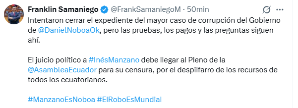 EcEnDirecto's tweet photo. #ATENCIÓN 
El asambleísta @FrankSamaniegoM denunció que intentaron cerrar el expediente del mayor caso de corrupción del Gobierno de @DanielNoboaOk, como el #casoATM.
"Las pruebas, los pagos y las preguntas siguen ahí. El juicio político a (la exministra) #InésManzano debe llegar al Pleno de la @AsambleaEcuador para su censura, por el despilfarro de los recursos de todos los ecuatorianos", mencionó.