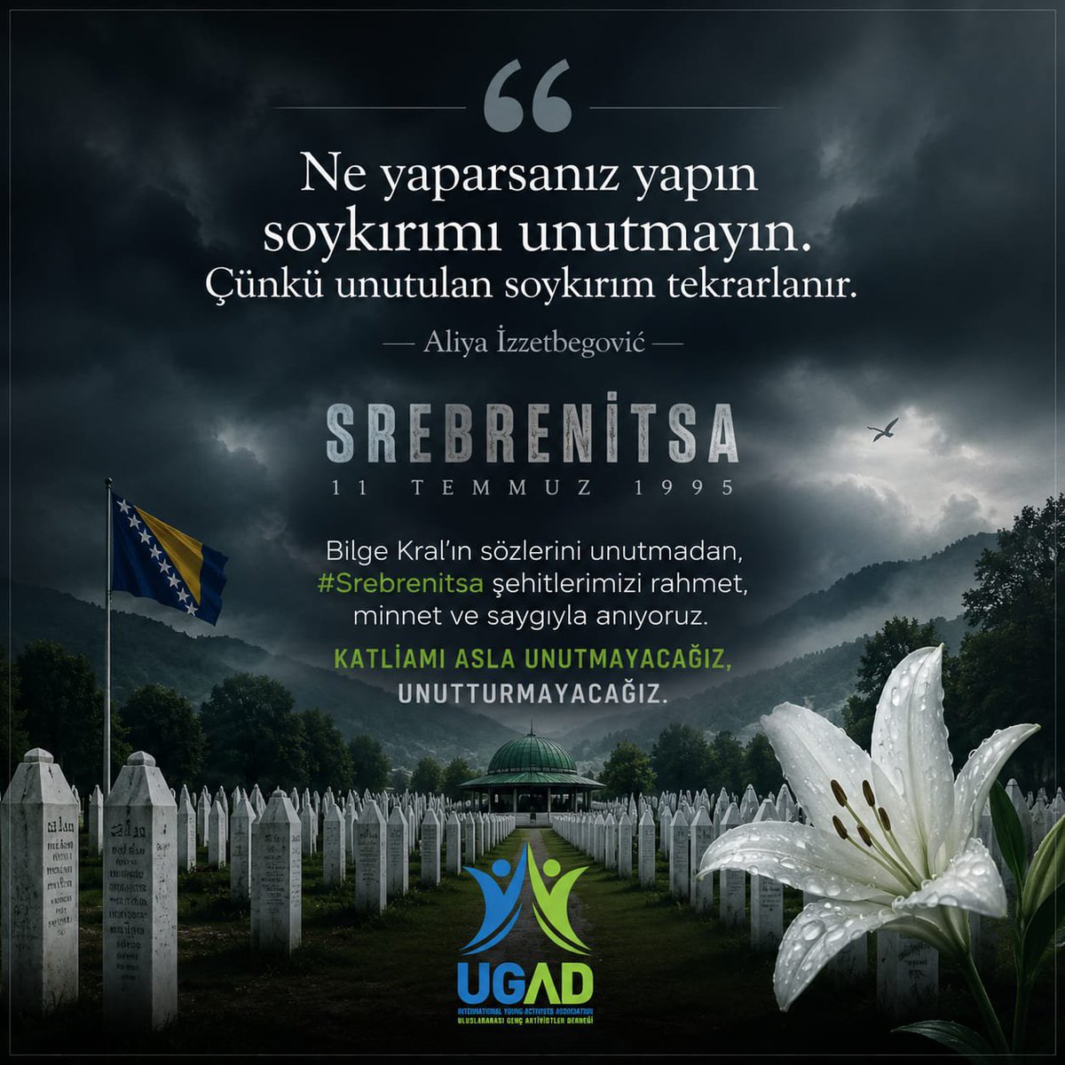 gncaktivistler's tweet photo. "Ne yaparsanız yapın soykırımı unutmayın. Çünkü unutulan soykırım tekrarlanır."

— Aliya İzzetbegović
​Bilge Kral’ın sözlerini unutmadan, #Srebrenitsa şehitlerimizi rahmet, minnet ve saygıyla anıyoruz. Katliamı asla unutmayacağız, unutturmayacağız. 🇹🇷🇧🇦

Genç Aktivistler https://t.co/mhD3lOkBwt