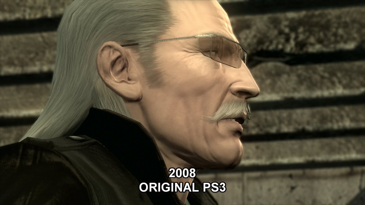 HEITAIs's tweet photo. マスターコレクションVol.2版のMGS4でACT1のリキッド・オセロット登場のシーンが上がっていたのですがリキッドが掛けているアイウェアについて。

オリジナルのPS3版はテンプルにジャギーが発生していたのですが、マスターコレクション版はテンプルが綺麗になっているのでここ作り直しているんですね。 https://t.co/5a7jZfMFOS