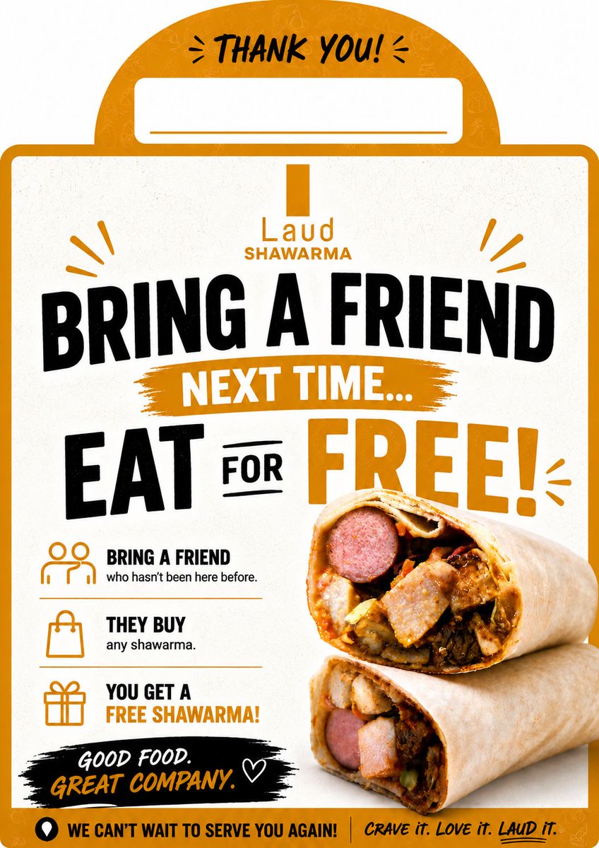 LaudShawarma's tweet photo. 🔥 BRING YOUR SHAWARMA BESTIE! 🔥

Some food is just too good to keep to yourself. 😏

👯 Bring a friend who has NEVER tried Laud Shawarma, and **YOU get a FREE Regular Chicken Shawarma** when they purchase any Regular or Buff Shawarma.

Tag the friend you're bringing below. 👇 https://t.co/Y1VauwmfSH