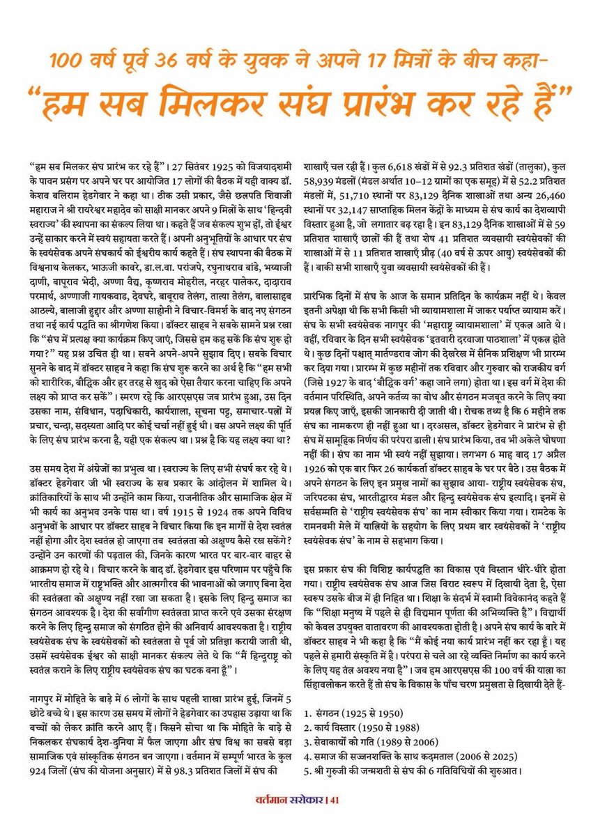 lokendra_777's tweet photo. 'वर्तमान सरोकार' पत्रिका के जून-2026 के अंक में राष्ट्रीय स्वयंसेवक संघ की 100 वर्ष की यात्रा पर केन्द्रित यह लेख प्रकाशित हुआ है। 

आपके अवलोकनार्थ यहाँ प्रस्तुत है-
#RSS #RSS100 #RSS100Years #संघ_शताब्दी_वर्ष @RSSorg @2014_ncs https://t.co/EuTxJDMkRi