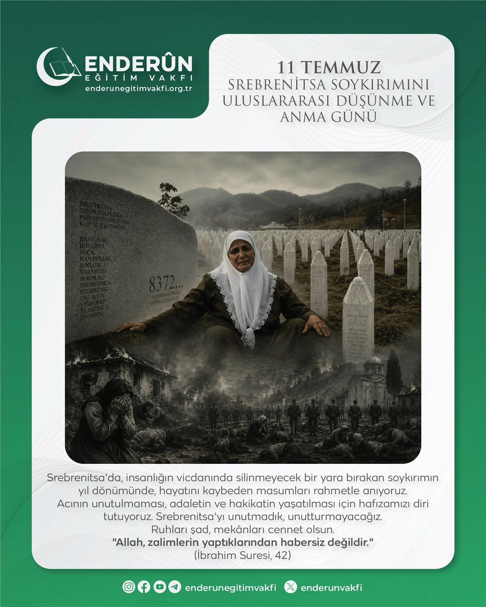 Enderunvakfi's tweet photo. Srebrenitsa'da, insanlığın vicdanında silinmeyecek bir yara bırakan soykırımın yıl dönümünde, hayatını kaybeden masumları rahmetle anıyoruz.

#enderuneğitimvakfı
#Srebrenitsa https://t.co/6ddnZaXHaY