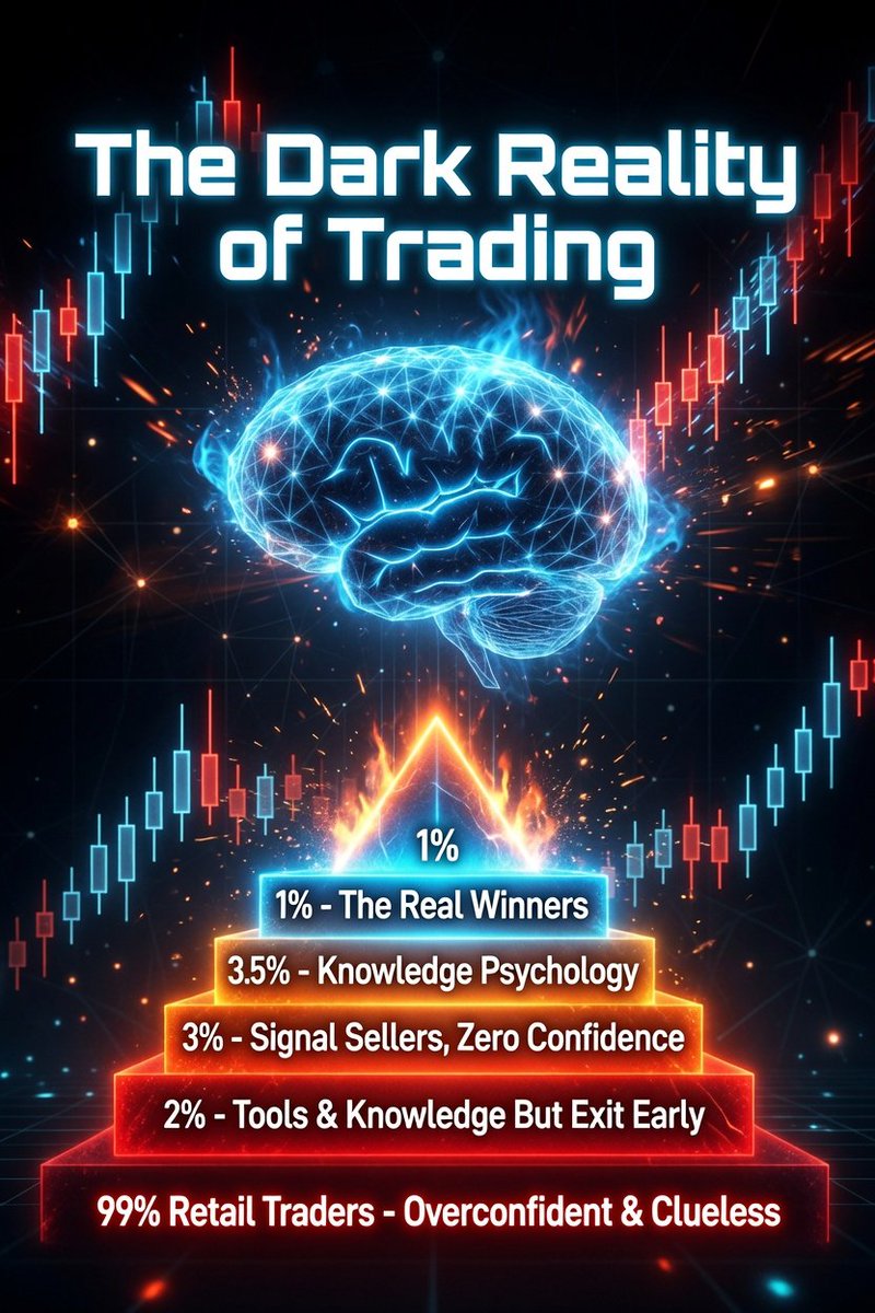 SoulFromEp's tweet photo. The Dark Reality of Trading...
90% Retail Traders โ Overconfident & Clueless
In reality, 90% of people trading are retail traders. They have almost zero real knowledge but are filled with dangerous overconfidence. They treat the market like a casino and wonder why they keep losing.
3.5% โ Knowledge Without Psychology
Then comes the 3.5% who have basic knowledge and sometimes win, sometimes lose. They understand charts but lack trading psychology. They donโt know when to enter, how to manage risk, or when to exit. Their emotions destroy their edge.
3% โ The Signal Sellers
These 3% have some knowledge but zero confidence in their own trading. Instead of trading themselves, they create groups and sell premium signals. They make money from subscriptions, not from the market. For the world they act like big traders, but inside their trading confidence is zero.
2% โ The Almost There
These 2% have proper knowledge, premium tools, indicators, and even their own websites. Yet they still fail to make consistent money. Why? Because they exit positions right before the real move happens. They have everything except the right mindset and patience.
1% โ The Real Winners
Finally, only 1% of traders actually make real money in the market. They have knowledge, psychology, discipline, and patience. They donโt chase. They donโt panic. They execute with clarity.
Which category do you belong to right now?
And which one do you want to become?
#CRYPTO #BTC #ETH #HYPE #ZEC #SOL
$SOL $ANSEM