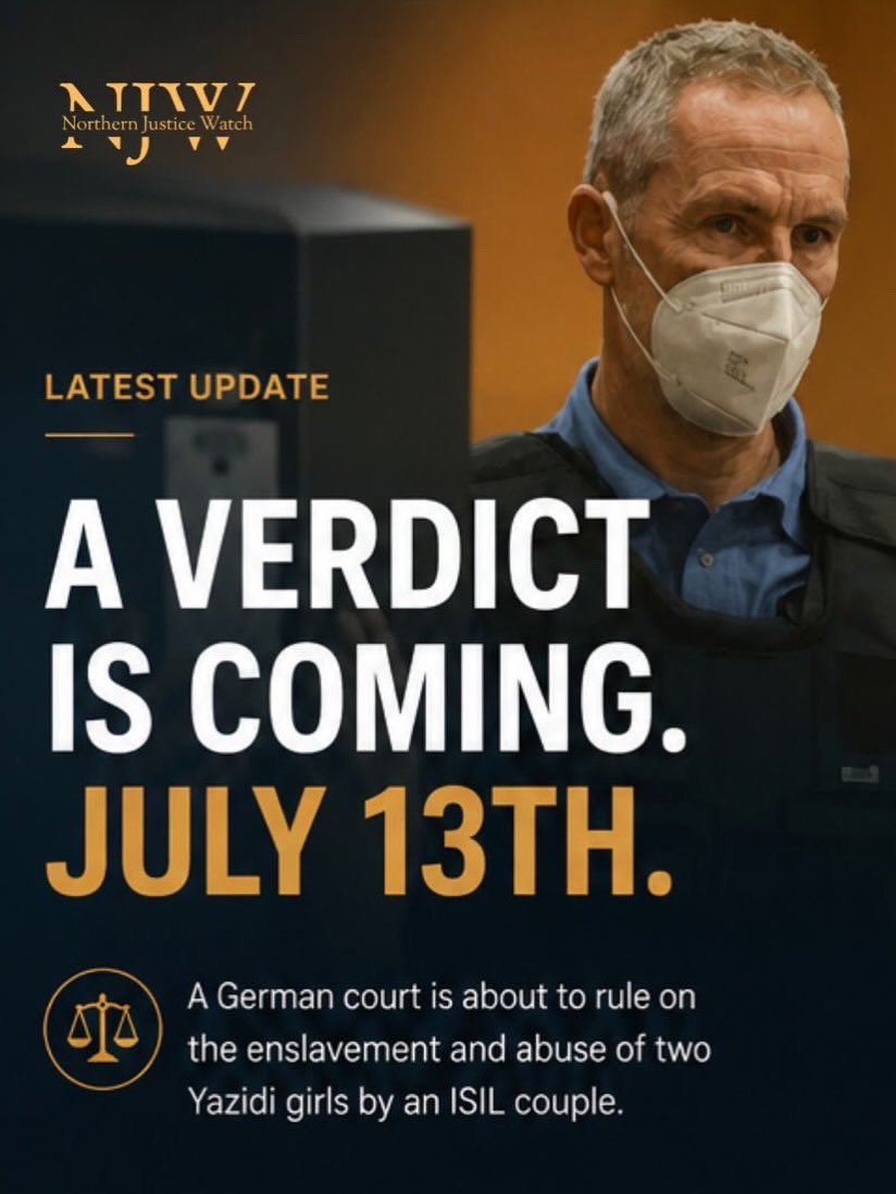 NJusticeWatch's tweet photo. Justice for Yazidi survivors is one step closer. On July 13, 2026, the Higher Regional Court of Munich is expected to deliver its verdict in a landmark case involving two alleged ISIS members accused of enslaving, torturing, and sexually abusing two Yazidi girls during the Yazidi genocide.

The case includes charges of genocide, crimes against humanity, and war crimes, and represents another important application of universal jurisdiction: allowing national courts to prosecute some of the world’s gravest crimes, even when they were committed abroad.

This is expected to be Germany’s tenth completed case concerning crimes committed against the Yazidi people, reinforcing the message that accountability can extend beyond borders. For survivors, every judgment is more than a legal decision, it is a recognition of the truth, a measure of justice, and a reminder that these crimes must never be forgotten.

#Justice #HumanRights #Yazidi #UniversalJurisdiction #CrimesAgainstHumanity