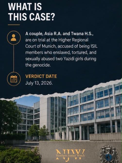 NJusticeWatch's tweet photo. Justice for Yazidi survivors is one step closer. On July 13, 2026, the Higher Regional Court of Munich is expected to deliver its verdict in a landmark case involving two alleged ISIS members accused of enslaving, torturing, and sexually abusing two Yazidi girls during the Yazidi genocide.

The case includes charges of genocide, crimes against humanity, and war crimes, and represents another important application of universal jurisdiction: allowing national courts to prosecute some of the world’s gravest crimes, even when they were committed abroad.

This is expected to be Germany’s tenth completed case concerning crimes committed against the Yazidi people, reinforcing the message that accountability can extend beyond borders. For survivors, every judgment is more than a legal decision, it is a recognition of the truth, a measure of justice, and a reminder that these crimes must never be forgotten.

#Justice #HumanRights #Yazidi #UniversalJurisdiction #CrimesAgainstHumanity