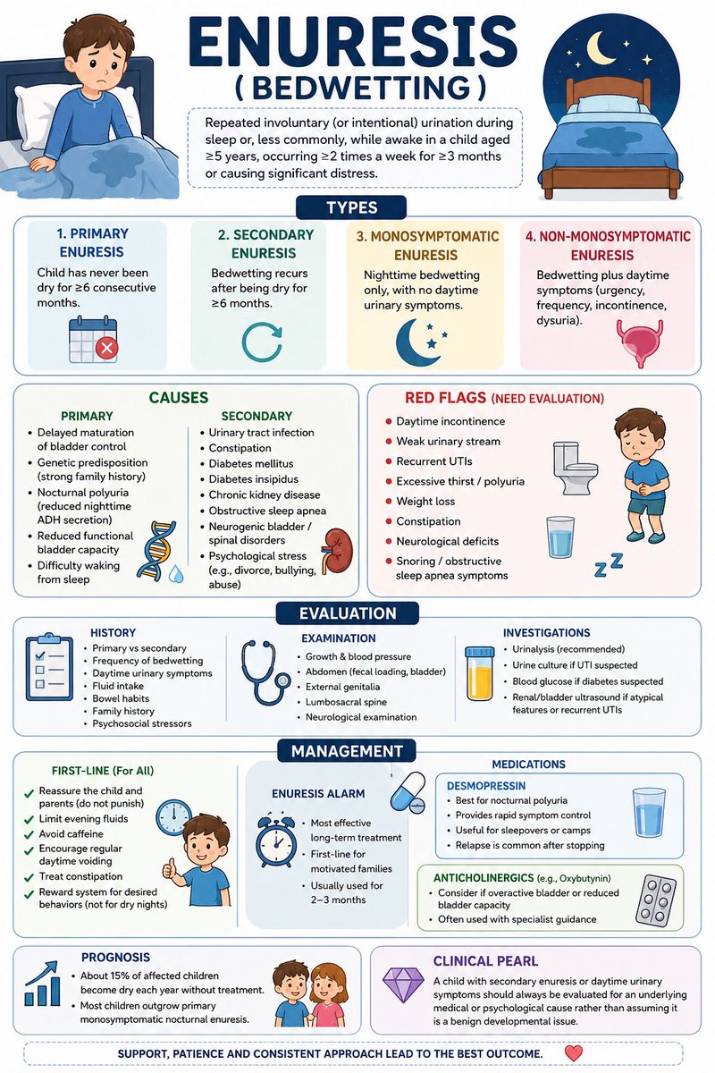 rpsingh1894's tweet photo. Bedwetting isn’t just “a phase.”

Enuresis can be a symptom of bladder immaturity, constipation, diabetes, urinary tract disease, sleep disorders, or psychological stress.

Knowing the difference between primary and secondary enuresis can change management.

Here’s a quick evidence-based guide 👇

#MedTwitter #Pediatrics #FOAMed #MedicalEducation #Enuresis