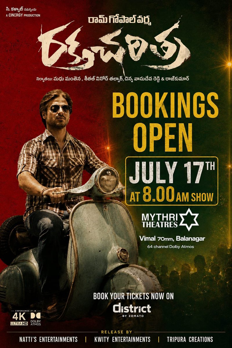 Nattikumar7's tweet photo. #RaktaCharitra4k Mythri Vimal 70mm, 8 am show 🔥 

Grab your tickets now 🎟 

#RaktaCharitra https://t.co/kzjtIRUZAz