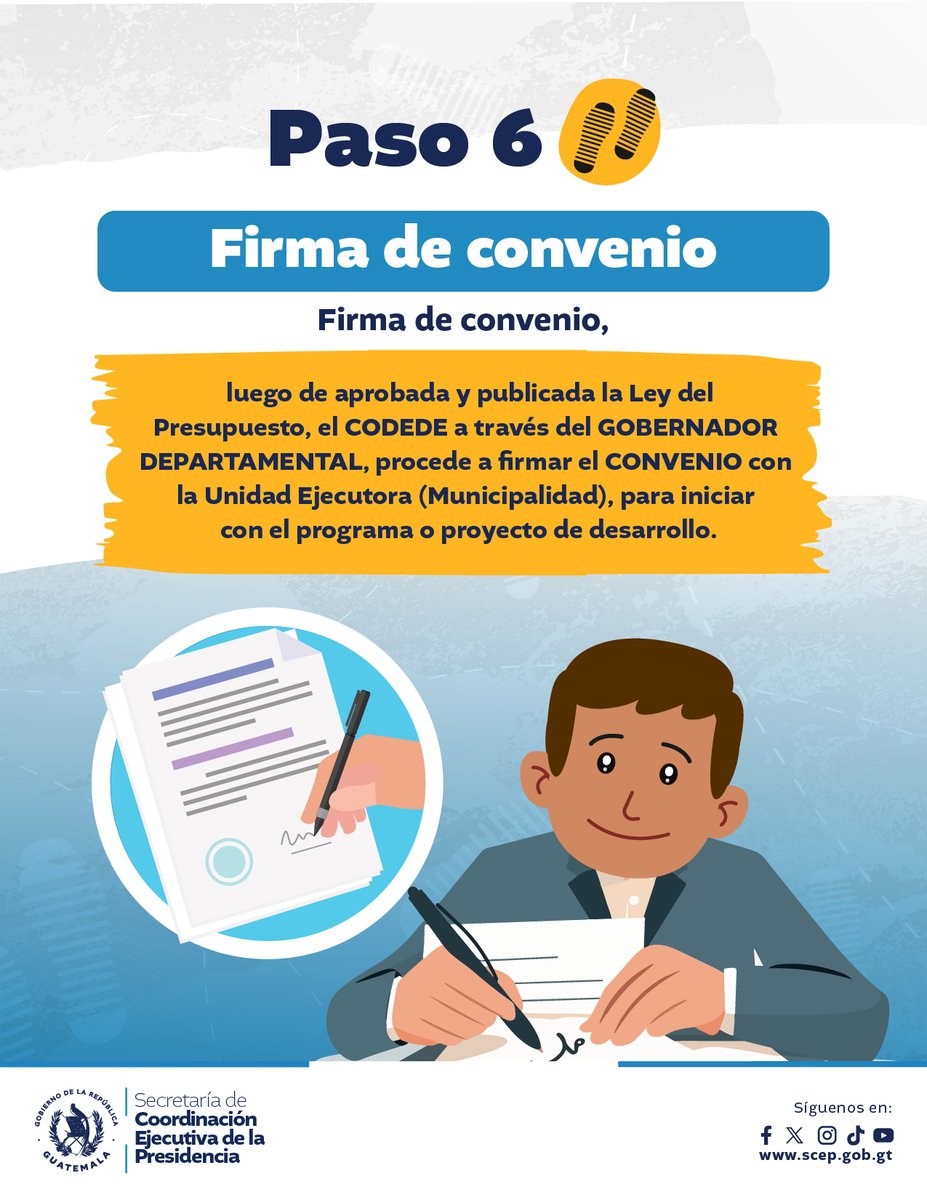 SCEPgt's tweet photo. Conoce el paso 👣 6️⃣
Firma de convenio
Luego de aprobada y publicada la Ley del Presupuesto, el #Codede a través del Gobernador Departamental, procede a firmar el convenio con la Unidad Ejecutora (Municipalidad), para iniciar con el programa o proyecto de desarrollo. https://t.co/oJ0T5NZlv7