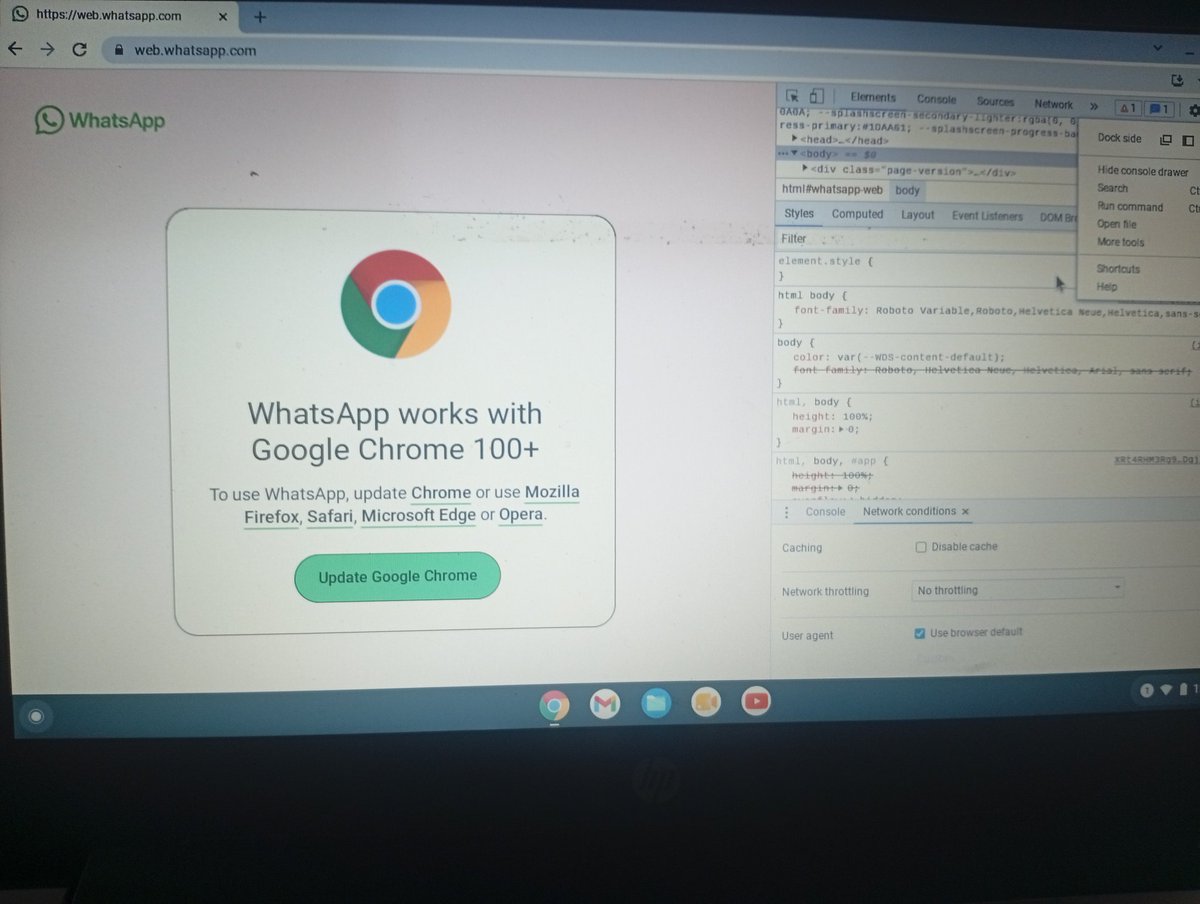 thesuccesshq_'s tweet photo. My dad thought his Chromebook was dead.
WhatsApp said: "Update Chrome."
Reinstalling ChromeOS didn't help.
Ctrl + Shift + I → Changed the User Agent → Refresh.
✅ Problem solved.
#Cybersecurity #Networking #techsupport https://t.co/gqcOhHHklO