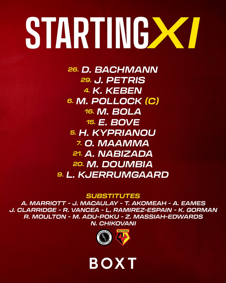 WatfordFC's tweet photo. Today’s line-up at Boreham Wood 🐝 https://t.co/kwSS5006RT