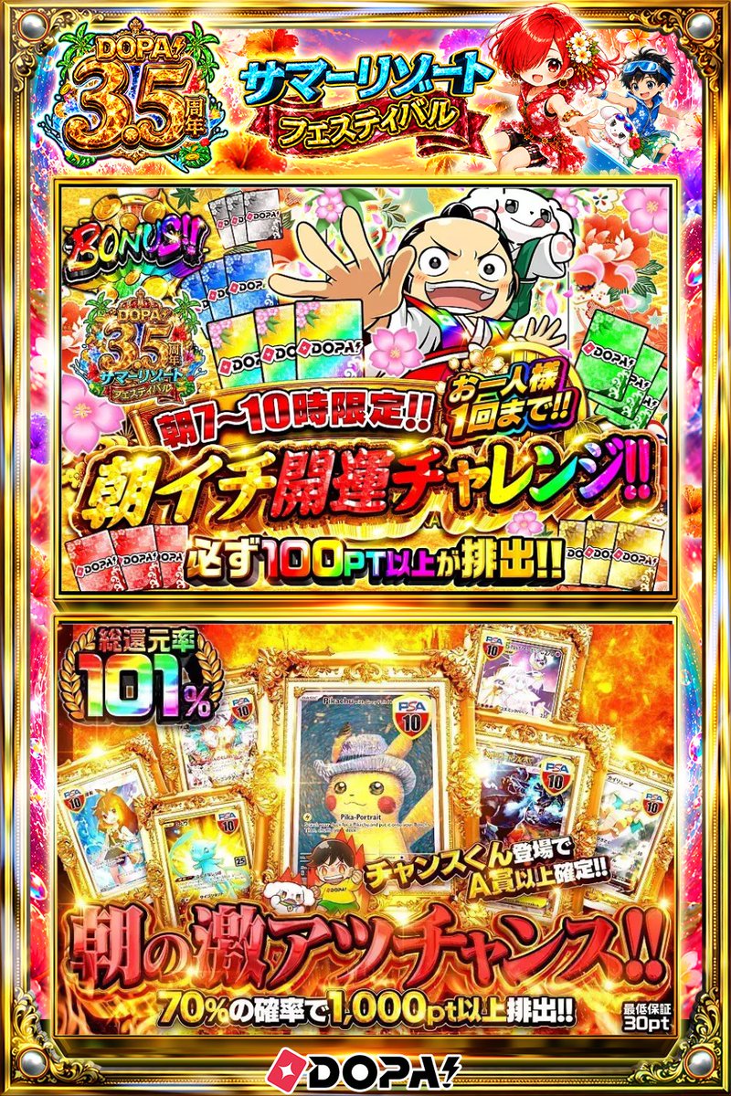 DOPA_Oripa's tweet photo. 🌺DOPA! 3.5周年 サマーリゾートフェスティバル🌺

🌄朝7~10時限定!!🌄
🐶チャンスくん登場でA賞以上確定!!🐶

他にも多数販売中‼️
画像をチェック!!👀

フォロー&amp;RP&amp;いいねで
1名様に2,000PT🎁
〆切 24時
