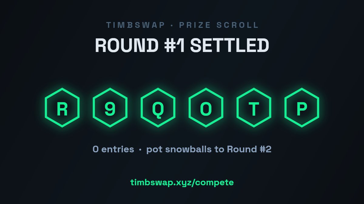 TimbSwap's tweet photo. 📜 Round #1 settled

Winning string: R9QOTP · 0 entries · pot snowballs

Enter the next round → https://t.co/QPvUfaKtp4 https://t.co/hz5RbnEJiH