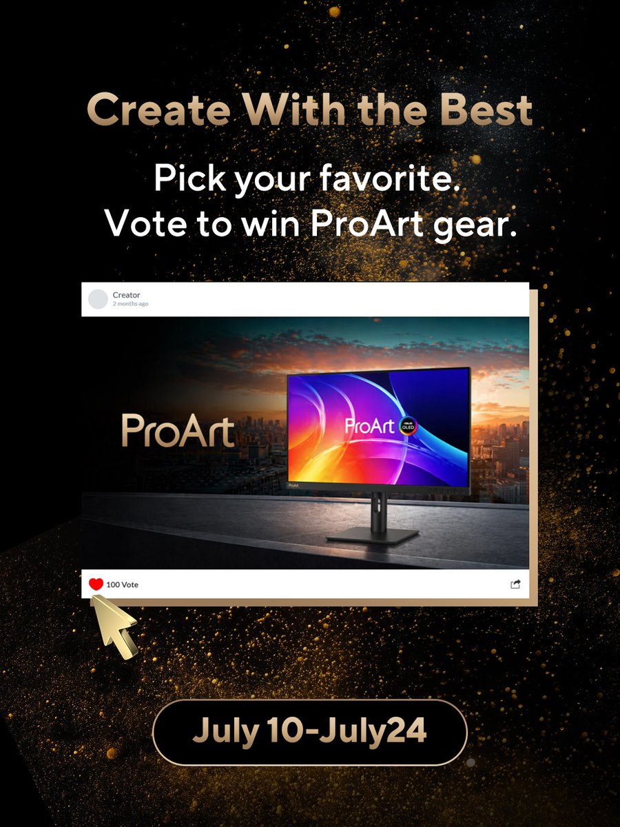 ASUS's tweet photo. ✨The finalists are here!
Global creators have shared their best #ProArt designs, now it's time to choose your favourite!
Vote on Gleam, upload a screenshot, and enter for a chance to win ProArt prizes.
Cast your vote👉🏻https://t.co/xJ1QaGZJwa
#Giveaway #CreateWithTheBest https://t.co/q0a1mFxeSz