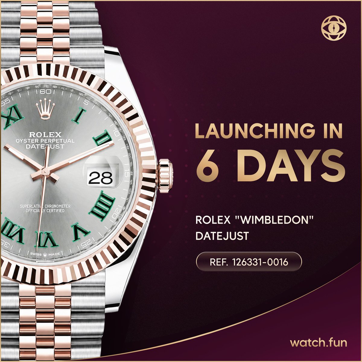 watchdotfun's tweet photo. 6 days to go.

Slate dial, green Roman numerals, Everose bezel.

The Rolex "Wimbledon" Datejust is heading to https://t.co/vevt0yeoi7, hand picked by the legendary @Kashdhanda, COO and Cat Herder @JupiterExchange.

Tag someone who needs this on their wrist. https://t.co/3Cby2kIVRi