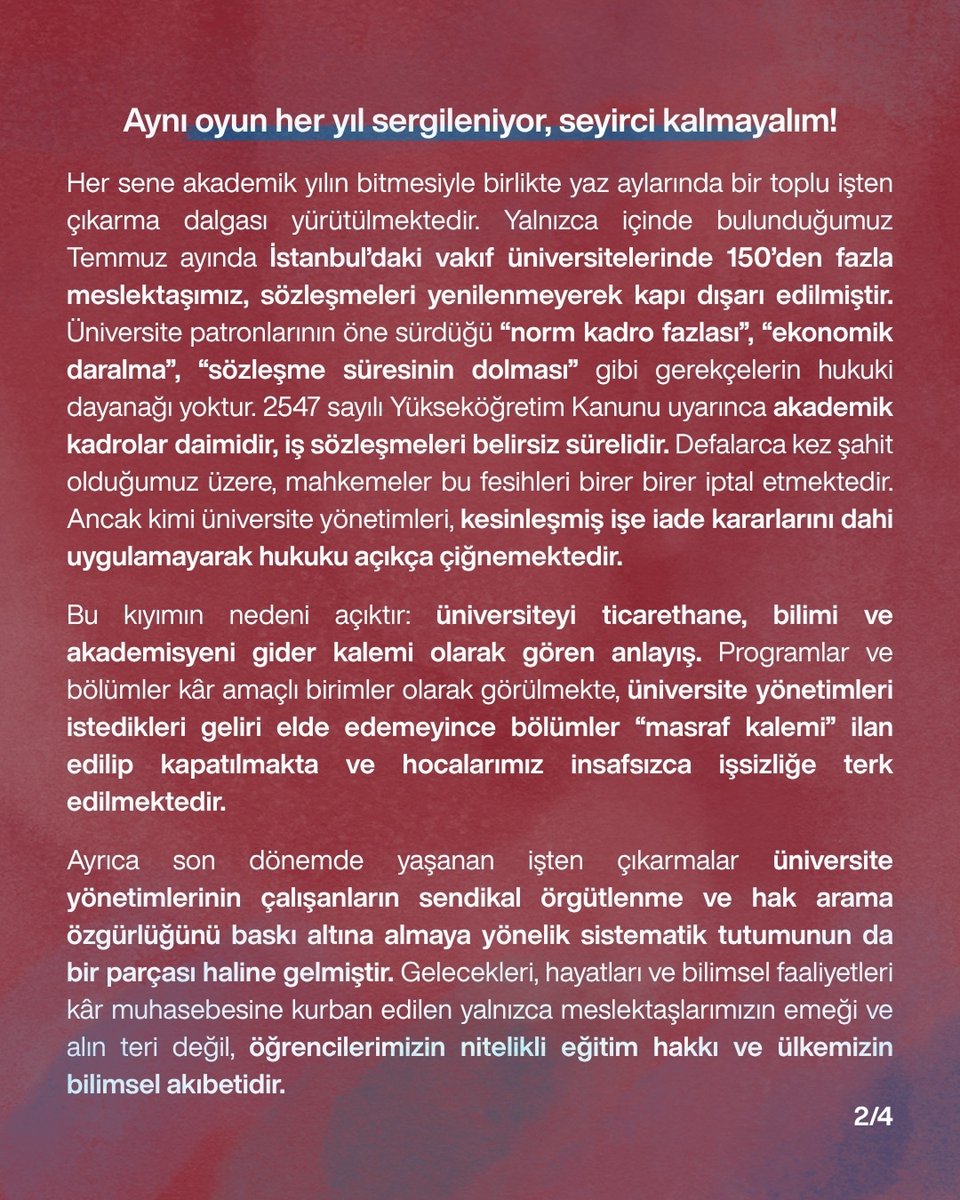 VakifSendika's tweet photo. Vakıf Üniversitelerinde Yaşanan Akademik Kıyıma Dur Diyoruz! 

İşten atılan hiçbir meslektaşımız yalnız değildir. Sendikalarla, meslek örgütleriyle, öğrencilerle ve tüm emek güçleriyle omuz omuza mücadeleye devam edeceğiz. 

Susmayacağız, alışmayacağız, kabul etmeyeceğiz. https://t.co/2olIZeUb5U
