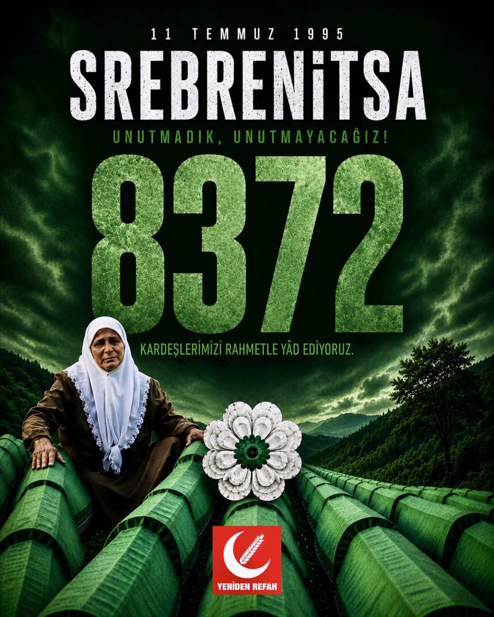 erbakanfatih's tweet photo. 11 Temmuz 1995’te Srebrenitsa’da yaşanan soykırım, insanlık tarihinin en acı sayfalarından biri olarak hafızalardaki yerini koruyor.

Srebrenitsa Soykırımı’nda şehit edilen kardeşlerimizi rahmetle anıyor; adaletin, insan haklarının ve mazlumların yanında durmaya devam edeceğimizi bir kez daha vurguluyoruz.