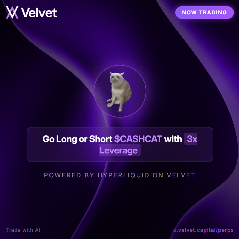 Velvet_Capital's tweet photo. Now live: cash-cat:native Perp Trading with up to 3x Leverage 

Use Velvet to trade perps smarter with AI &amp; Social tools 

Plus earn gems (which get you an allocation in the August 10th $VELVET Airdrop) on every trade https://t.co/HcUK0F9ZDV