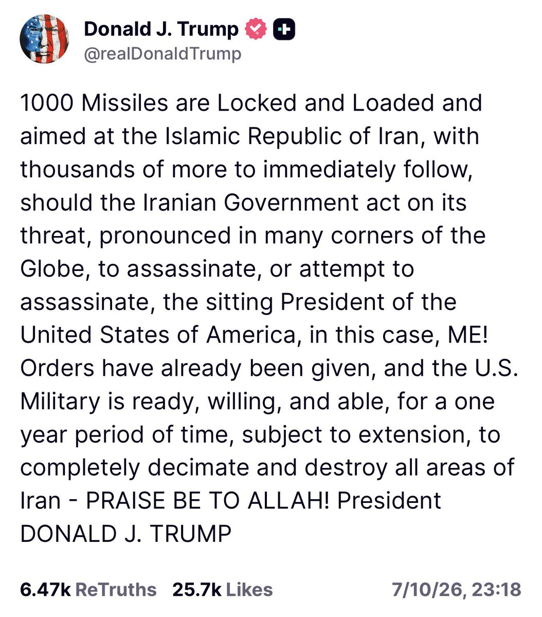 DanielLDavis1's tweet photo. Maybe now, belatedly, President Trump himself, and possibly now also some people in the United States, get at least a small sense of the anger and outrage echoing throughout the country of Iran, as a result of the assassination of their leader.

President Trump here is speaking, merely theoretical (since obviously nothing has happened to him), about what would happen if he is assassinated. But on the Iranian side, we *did* assassinate their leader — along with his granddaughter, and other family members.

Up to this point, almost everyone in the west has viewed the event as merely an act of war, and “collateral damage“ and shrugged our shoulders, like no big deal.

We haven’t even considered how this impacts the population or the government of Iran, deeming them undeserving of having an emotional reaction. We treat them like they are cattle, that they have no emotions, that they are not normal people, with emotional reactions that mirror ours. Just “targets“ to engage, with no consideration or concern about how those “targets“ might feel or react.

And yet President Trump here is so angry and fearful of the same thing happening to him, that he is threatening obliteration of an entire country (should this fate that he so carelessly and unemotionally imposed upon another nation, be inflicted upon himself).

One could certainly wish that President Trump, our other government leaders, and our sick and rotting elite in this country, might contemplate the potential for rebound attacks against us before launching the first one against an opponent.

There’s a reason why even fierce adversaries used to keep off limits the assassination of leaders of their adversaries during wartime. So that we don’t get into these kind of back-and-forth situations where the leaders keep getting taken out.

But we’ve foolishly opened this Pandora’s box, and President Trump is now racked with fear that they may do to him what he did to Iran.