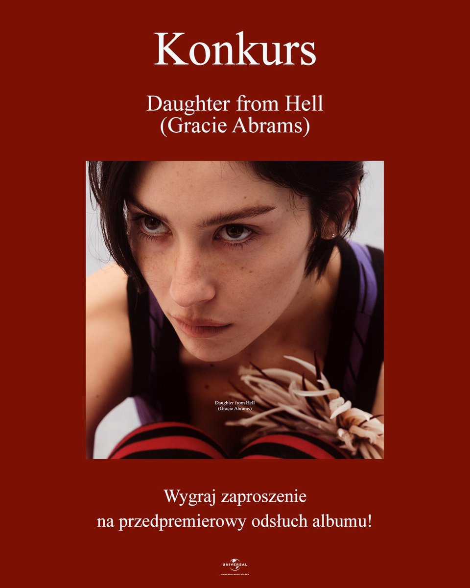 GAbramsPoland's tweet photo. Universal Music Polska organizuje konkurs, w którym do wygrania są zaproszenia na przedpremierowy odsłuch najnowszego albumu Gracie „Daughter from Hell”! ❤️

Więcej informacji znajdziecie na Instagramie universalmusicpolska 

Powodzenia wszystkim biorącym udział! 🤞🏻 https://t.co/ltXQqQ136S