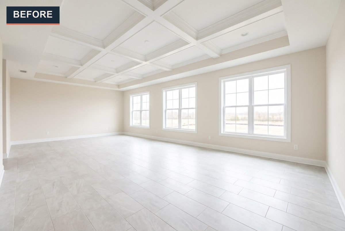 Staging_Studio's tweet photo. That coffered ceiling needed a room worthy of it. Emerald velvet seating, brass accents, a marble coffee table, and a bold gold statement canvas brought this bright, window-lined space to life. #VirtualStaging #RealEstateMarketing #RealEstatePhotography https://t.co/yEEEgAswpQ