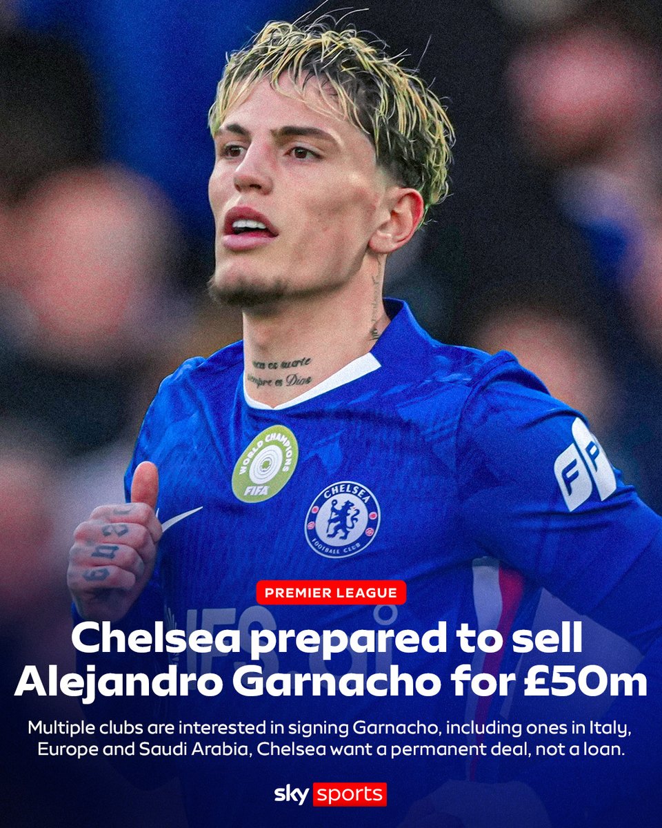 SkySportsPL's tweet photo. Chelsea are willing to sell Alejandro Garnacho for £50 million, and are only seeking a permanent move for the winger ✍️ https://t.co/nBe2iPCohP