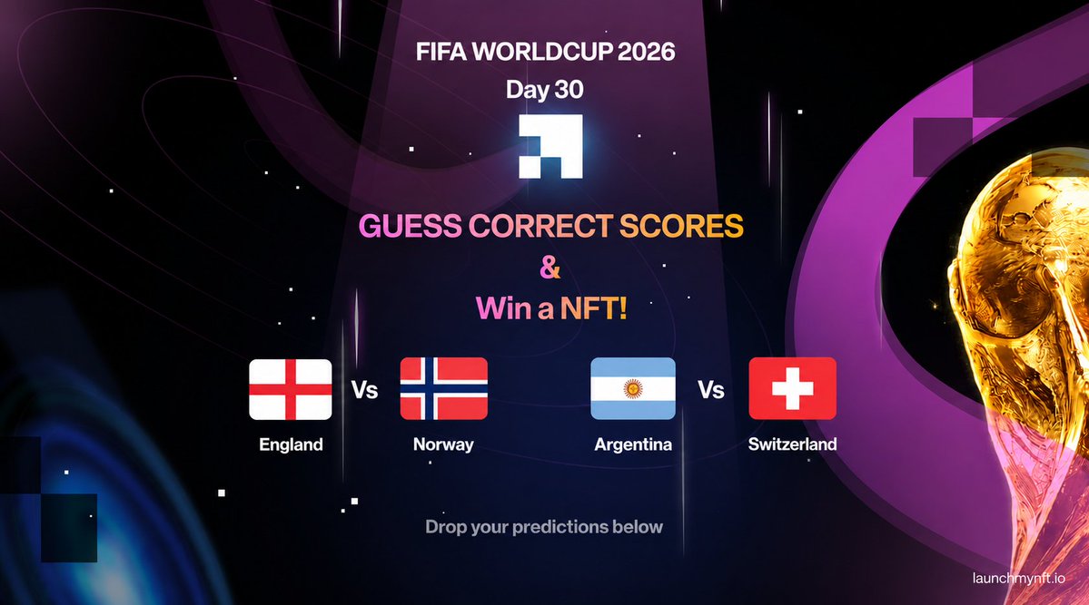 LaunchMyNFT's tweet photo. 🏆 LMNFT World Cup Prediction Game Day 30 🏆

🏆 Quarter Finals

Game 1: 🏴󠁧󠁢󠁥󠁮󠁧󠁿󠁧󠁢󠁥󠁮󠁗 England vs 🇳🇴 Norway
Game 2: 🇦🇷 Argentina vs 🇨🇭 Switzerland

Drop both scores below

Closest prediction takes the NFT 🤞 https://t.co/aUJk8McjYr
