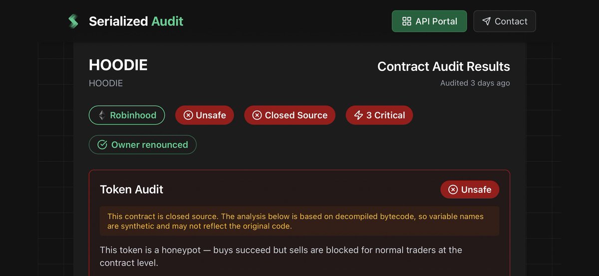 SerializedAudit's tweet photo. A honeypot token is one you can buy but cannot sell.

The contract permits incoming trades while quietly restricting outgoing ones, often through a hidden allowlist, a transfer hook that reverts for ordinary holders, or a maximum sale amount set to zero for everyone outside a privileged set.

The mechanism is rarely visible from the token page. It lives in the transfer logic, and by the time a holder attempts to exit, the liquidity is usually gone.

SerializedAudit screens for these patterns before a contract is trusted: asymmetric buy and sell paths, conditional reverts on transfer, and addresses exempt from the rules everyone else follows.
Each finding is returned with the reason it was flagged, not only a score.

A scan is not an audit. It is the automated first check that should come before one.