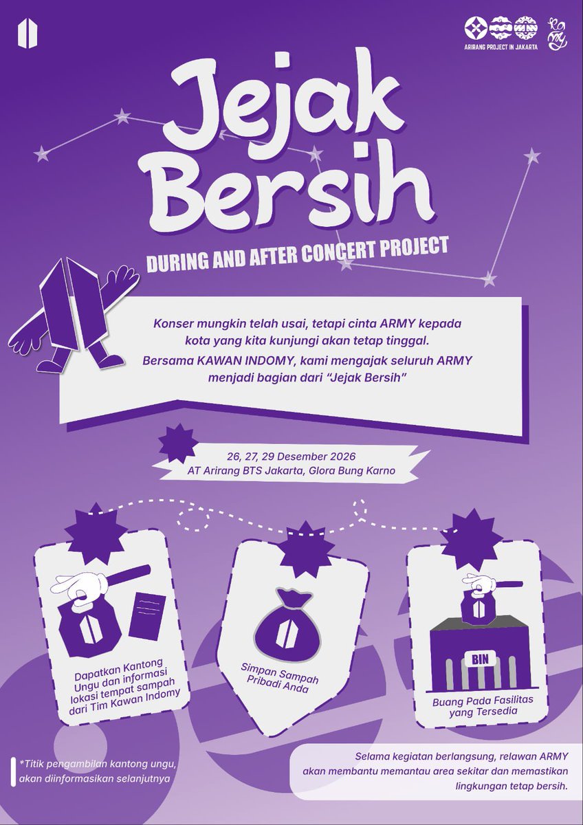 kawanIndomy's tweet photo. Hai Kawan ARMY!  

Konser mungkin telah usai, tapi cinta ARMY untuk kota yang kita kunjungi nggak akan pernah padam. 💜  
Dalam kolaborasi bersama @ArirangJakarta dan Kawan Indomy, yuk kita wujudkan #JejakBersih

Mari kita meninggalkan kenangan indah, bukan sampah ✨ https://t.co/bxhN0RpNss