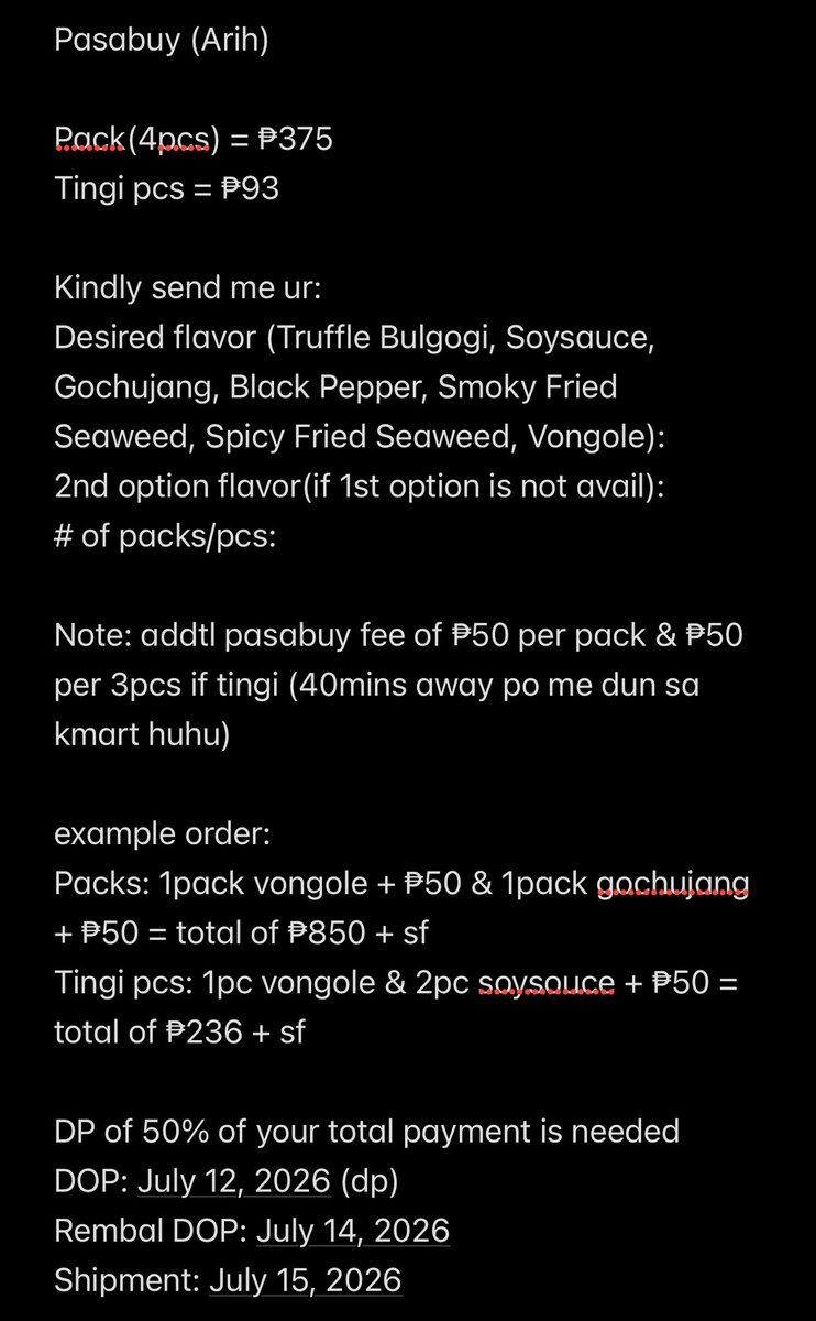 pr0dbysuga's tweet photo. ARIH Pasabuy 
- 5 slots left 

Pack(4pcs) = ₱375 
Tingi pcs = ₱93 

Total order + fee + sf 

Pasabuy closes later 12:00 midnight hehe https://t.co/QwDQaDXzIK