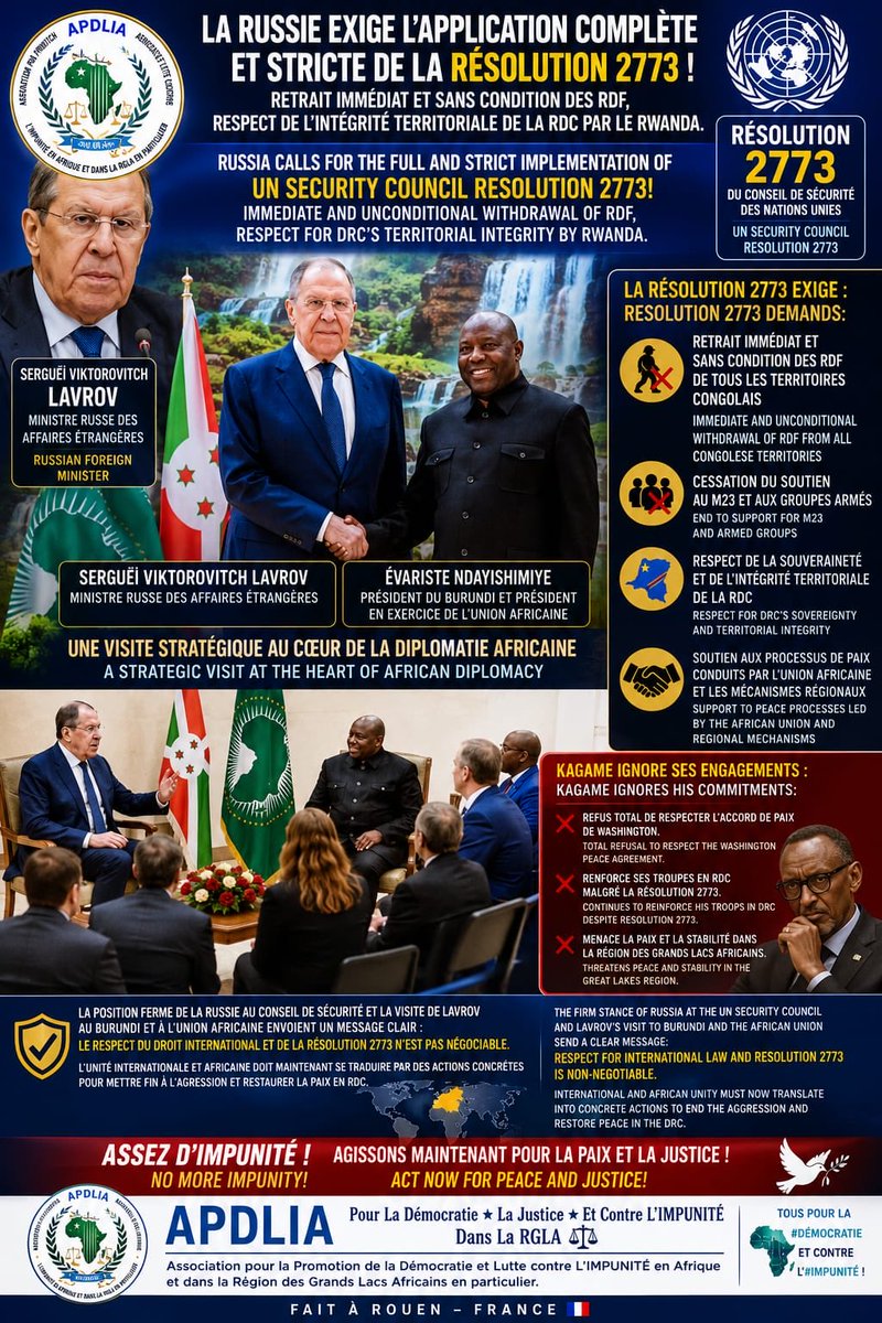 TEAMINKINGI's tweet photo. Russian Foreign Minister #SergeyLavrov held talks with Burundi’s President @GeneralNeva , who is also the chairperson of the @_AfricanUnion (AU).

They reminded the @UN of the need to implement Resolution 2773 of the UN Security Council, which calls for an end to the activities of armed groups, including  #RDFM23 terrorist groupe respect for the sovereignty and territorial integrity of the Democratic Republic of Congo (DRC), and support for peaceful solutions. 

@UNHumanRights @POTUS46Archive @marcorubio @EUCouncil @UKParliament @NtareHouse @batten_von @HarianaVeras @US_SrAdvisorAF @Presidence_RDC @michombero .