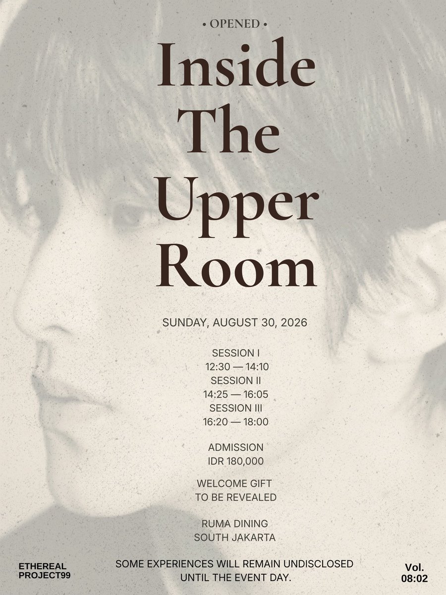 etherealprojct's tweet photo. An exclusive immersive fan experience.

Inside The Upper Room

August 30, 2026 • Jakarta

Ticketing for Inside The Upper Room begins on July 12, 2026, at 8:00 PM (WIB).

We look forward to welcoming you inside.

#InsideTheUpperRoom #MarkLee https://t.co/j8FRF1VZfN