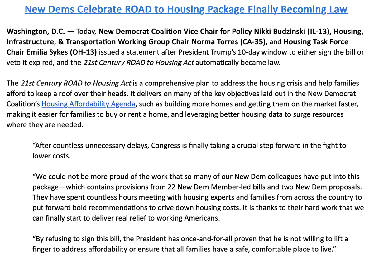 NewDemCoalition's tweet photo. After countless delays, the ROAD to Housing Act is FINALLY law!

Statement from New Dem Vice Chair for Policy @RepNikkiB, Housing, Infrastructure, &amp; Transportation Working Group Chair @NormaJTorres, &amp; Housing Task Force Chair @RepEmiliaSykes. https://t.co/6aX0vq5nDs