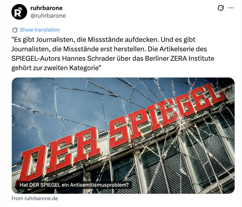 MaralSalmassi's tweet photo. Seit Monaten werden wir von @derspiegel und Hannes Schrader mit einer aggressiven Kampagne attackiert. Nachdem auch internationale Experten und Partner des @zerainstitute  mit absurden Anfragen und unterschwelligen Aufforderungen, sich von uns zu distanzieren, kontaktiert wurden, war für uns klar: Hier ging es längst nicht mehr um journalistische Arbeit.

Besonders erschütternd war für mich der Umgang mit zwei jüdischen Mitarbeiterinnen, die als Kriegsflüchtlinge nach Deutschland kamen. Schrader porträtierte sie – eine Social-Media-Mitarbeiterin und eine Analystin – auf eine derart sexistisch anmutende und verzerrte Weise, dass die Berichterstattung für eine der beiden, die schwerbehindert ist, sogar gesundheitliche Folgen hatte.

Und nun zeigt sich ein weiterer, verstörender Zusammenhang: Ein linksradikaler afghanischer Anwalt und Politiker der Linkspartei mit einer dokumentierten Geschichte israelfeindlicher Äußerungen betreibt seit Monaten eine politische und juristische Kampagne gegen die Berliner Antisemitismusförderung – und wird zur zentralen Quelle des neuesten SPIEGEL-Artikels über genau diesen Komplex.

Auffällig dabei: Diesmal wird der Autor des Artikels nicht genannt. Die Handschrift ist dennoch unverkennbar.

Mein großer Dank gilt den @ruhrbarone , die sich unseres Falls angenommen und das getan haben, was wir in den vergangenen Monaten so oft vermisst haben: echte journalistische Arbeit.

Dokumente lesen. Korrespondenzen prüfen. Widersprüche untersuchen. Politische Interessen offenlegen. Und sich erst dann ein Urteil bilden.

Was sagt all das über den SPIEGEL selbst aus?

Hat DER SPIEGEL ein Antisemitismusproblem?

Den Link zum Artikel der Ruhrbarone findet ihr im ersten Kommentar. ↓