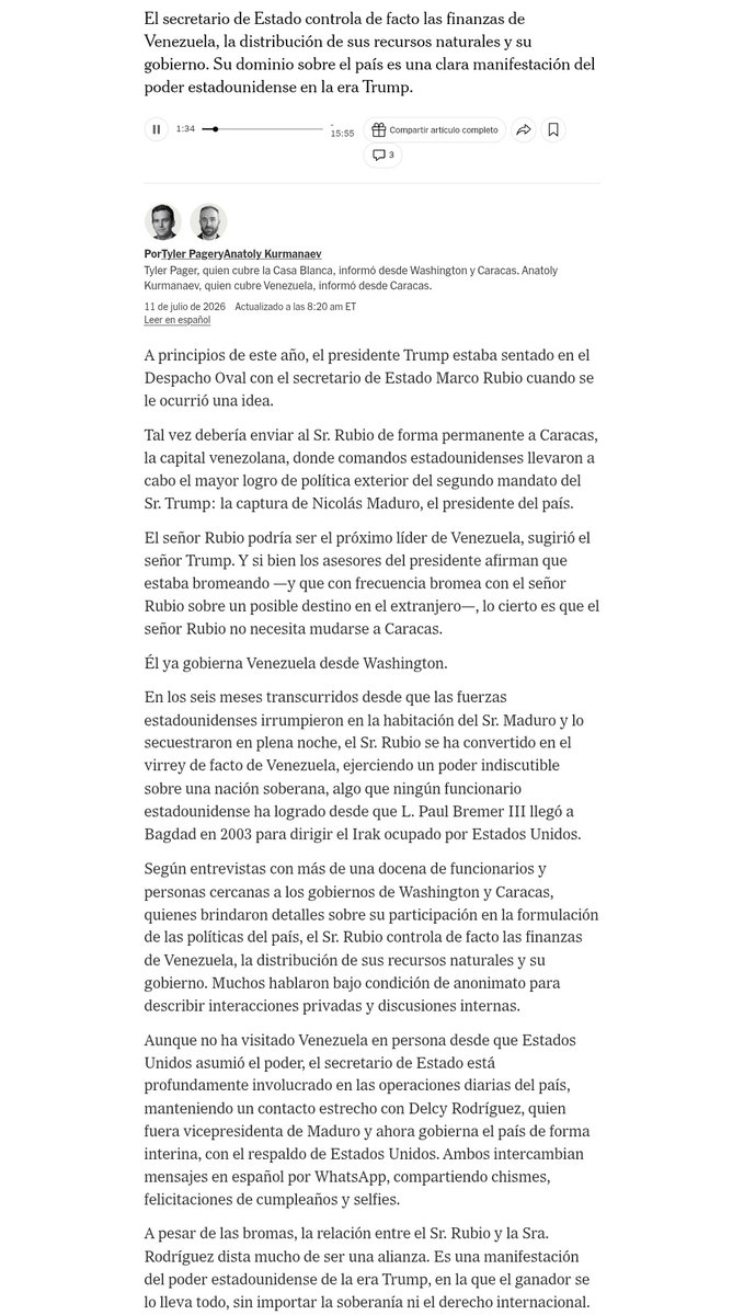 Arr3ch0's tweet photo. Artículo del New York Times de hoy:
"Cómo Marco Rubio gobierna Venezuela desde la distancia"
En español. https://t.co/vV6H13exsD